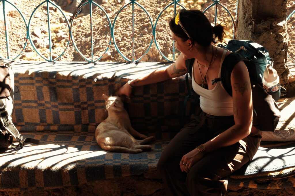 A women resting in the shade during a hike petting a cat, shot on Fujifilm X-T2